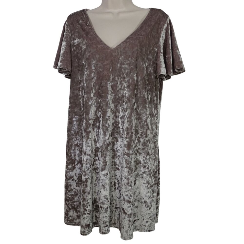 Caramela Velour V-Neck A-Line Shift Dress Women Size M Short Flutter Sleeve